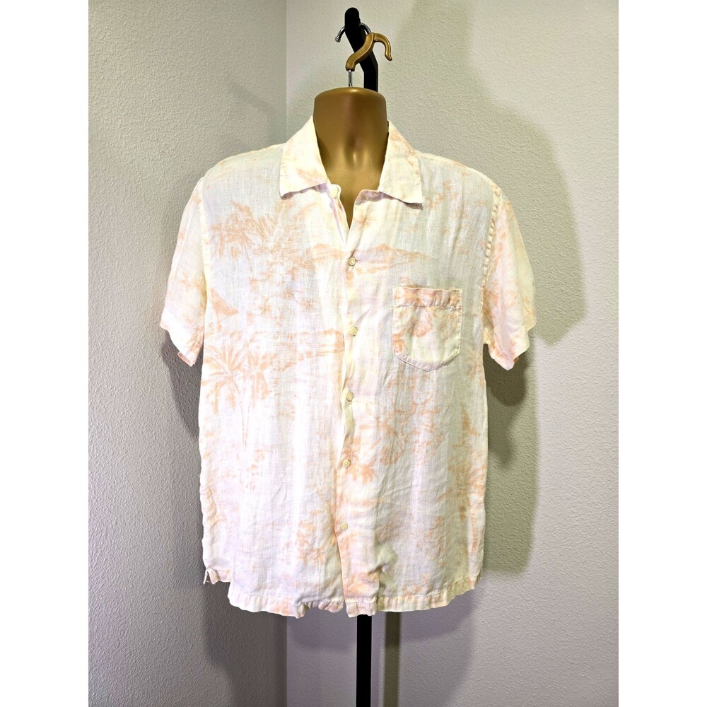 120% Lino Short Sleeve Button Down Shirt Mens Lg Linen Cream Beach Travel Resort